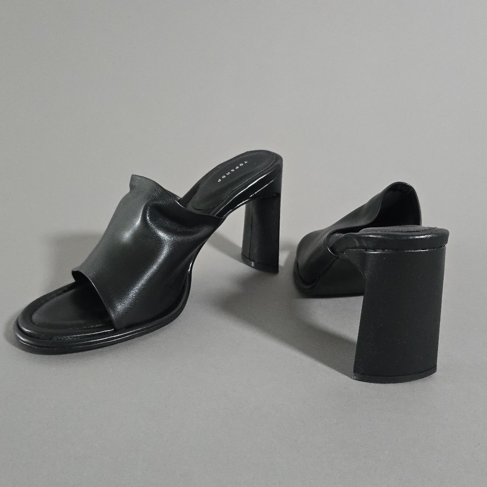 TOPSHOP black open toe mules with a special heel.  10